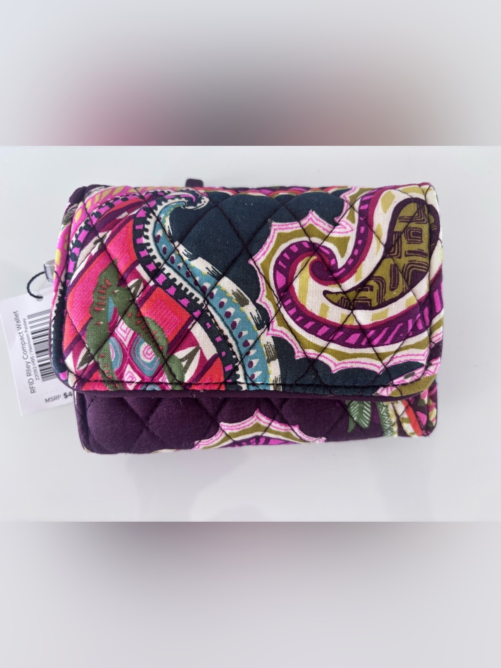 Vera Bradley Tri-Fold Paisley Zipper Credit Card Wallet Burgundy Purple RFID